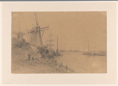 Mulini a Dordrecht lungo il fiume con navi da Johannes Gijsbert Vogel