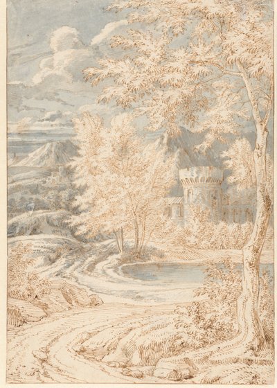 Paesaggio montano arcadico con una torre rotonda da Johannes Glauber