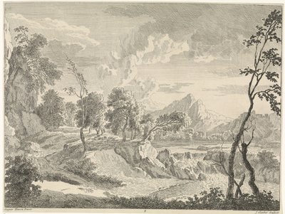 Paesaggio collinare con cascata da Johannes Glauber