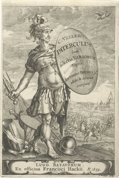 Guerriero romano davanti a un campo di battaglia da Johannes Hackius