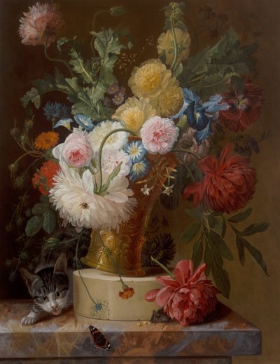 Natura morta di fiori su un davanzale con un gatto da Johannes Hendrick Fredriks