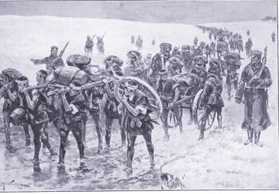 Giapponesi in marcia. Uomini al posto dei pony da soma, illustrazione da Cassells History of the Russo-Japanese War Vol 1, c.1900 da Johannes Hermann Barend Koekkoek