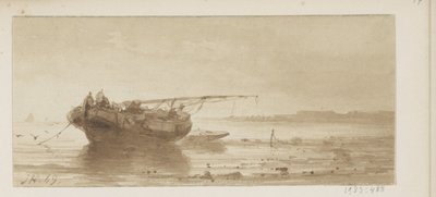 Nave con vela ammainata su un fiume da Johannes Hilverdink