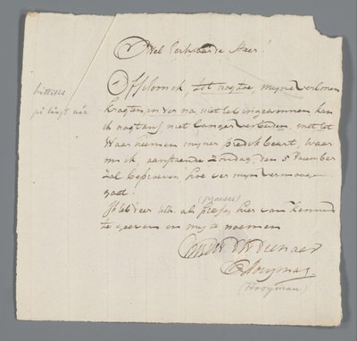 Lettera del pastore Hooyman a Jan Brandes da Johannes Hooyman