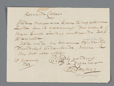 Lettera del reverendo Hooyman a Jan Brandes da Johannes Hooyman