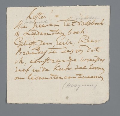Lettera del pastore Hooyman al sacrestano da Johannes Hooyman