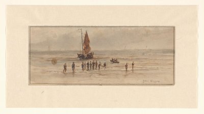 Vista della spiaggia con pescatori e veliero da Johannes Huygens (signed by artist)