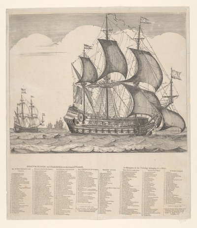 Descrizione della nave attrezzata con il suo cordame corrente da Johannes Jacobsz van den Aveele