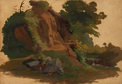 Promontorio roccioso vicino a un ruscello nella Campagna Romana, ca. 1835-40 da Johannes Jakob Frey