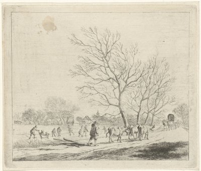 Paesaggio invernale con mucche e pattinatori Dicembre I dodici mesi (serie) I disegni colorati dei 12 mesi (serie) da Johannes Janson