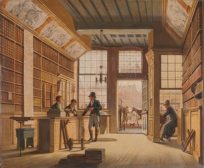 Il negozio del libraio Pieter Meijer Warnars al Vijgendam ad Amsterdam, 1820 da Johannes Jelgerhuis
