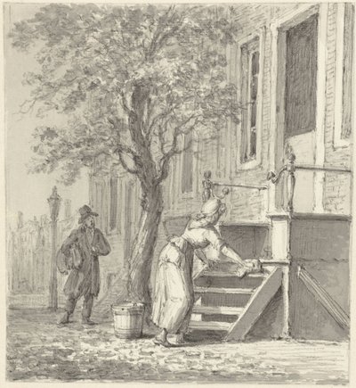 Una domestica che pulisce una scala davanti a una casa da Johannes Jelgerhuis