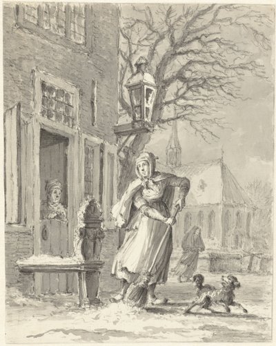 Una domestica spala neve davanti a una casa da Johannes Jelgerhuis