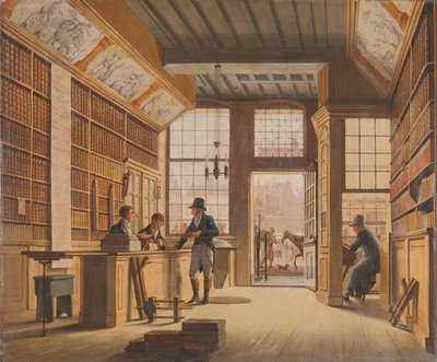 La bottega del libraio Pieter Meijer Warnars sulla Vijgendam ad Amsterdam da Johannes Jelgerhuis
