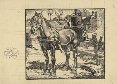 Cavallo da lavoro, riposando vicino a una macchina per palificazione da Johannes Josephus Aarts