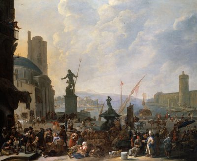 Un capriccio di un porto mediterraneo con la Fontana del Tritone di Bernini e un capriccio del Palais du Louvre, 1651 da Johannes Lingelbach