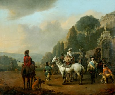 Un gruppo di falconieri fuori dai cancelli di un castello da Johannes Lingelbach