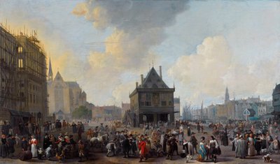 Olandese: Piazza Dam, vista da nord, con il nuovo municipio in costruzione da Johannes Lingelbach