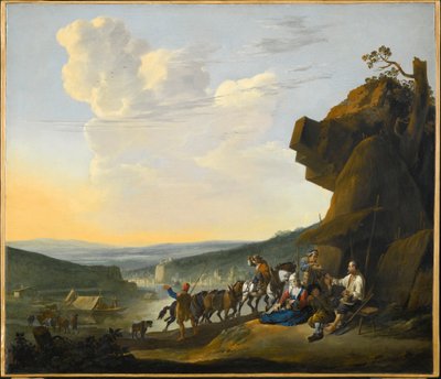 Tedesco: Südliche Landschaft mit Fähre Paesaggio meridionale con vista su una baia, con viaggiatori che riposano da Johannes Lingelbach