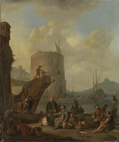 Porto italiano con una torre fortificata da Johannes Lingelbach