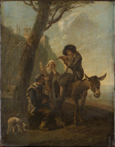Famiglia di pastori romani che riposa sotto un albero da Johannes Lingelbach