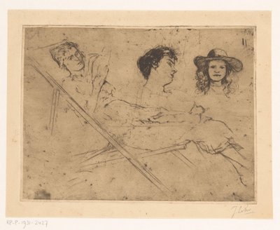 Studio di una donna su una sedia a sdraio e due teste da Johannes Löhr
