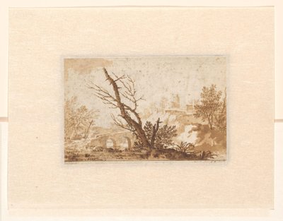 Paesaggio italiano con albero, un ponte e alcuni edifici da Johannes Petrus van Horstok