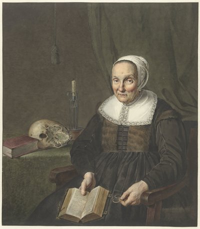 Ritratto di una vecchia seduta con un libro aperto da Johannes Pieter de Frey