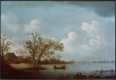 Paesaggio fluviale olandese con case coloniche e barche da pesca da Johannes Pietersz. Schoeff