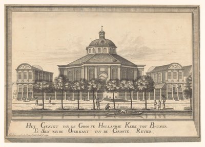 Veduta della nuova chiesa olandese di Batavia (Het Gezigt van de Groote Hollandse Kerk tot Batavia Te Sien van de Overkant van de Groote Revier) da Johannes Rach