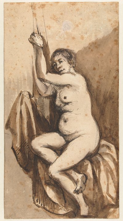 Nudo femminile seduto con braccia alzate da Johannes Raven (attributed to)