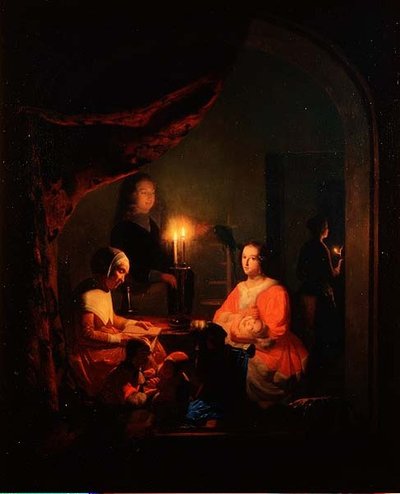 Una famiglia in un interno illuminato da candele da Johannes Rosiere