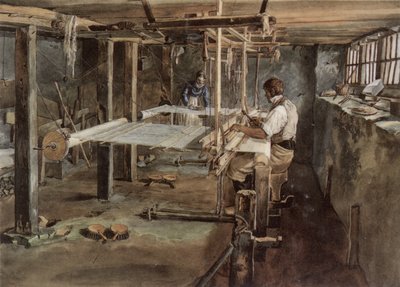 Coppia di tessitori di Appenzell al lavoro sul telaio a mano, circa 1830 da Johannes Schiess