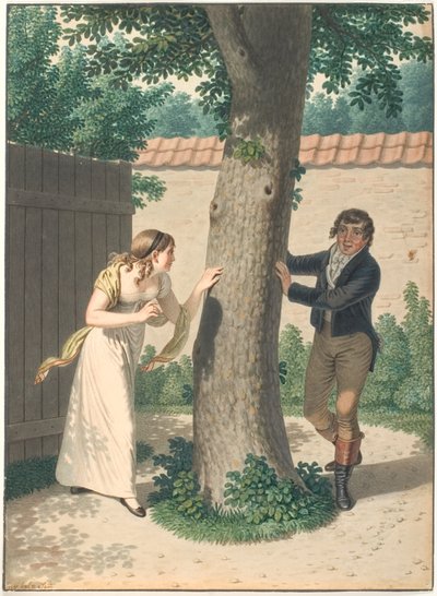 Giovane uomo e ragazza giocano a nascondino da Johannes Senn