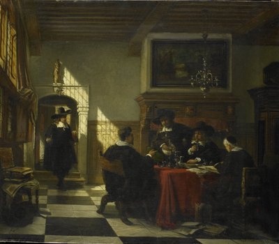 Compagnia in abiti del XVII secolo a un tavolo con una coppa di Nautilus da Johannes Stroebel