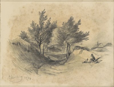 Paesaggio di brughiera vicino a Cleverberg con un uomo seduto con cane da Johannes Tavenraat