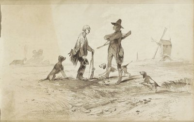 Cacciatori con cani in un paesaggio con un mulino da Johannes Tavenraat