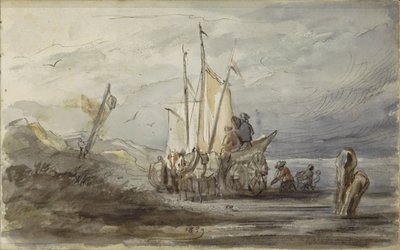 Cavallo e carro vicino a una riva con una barca a vela da Johannes Tavenraat