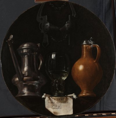 Natura morta emblematica con brocca, bicchiere, caraffa e briglia da Johannes Torrentius