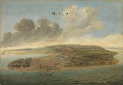 Due vedute dei posti di commercio della Compagnia Olandese delle Indie Orientali: Lawec in Cambogia e Banda nelle Molucche meridionali da Johannes Vinckboons (attributed to)