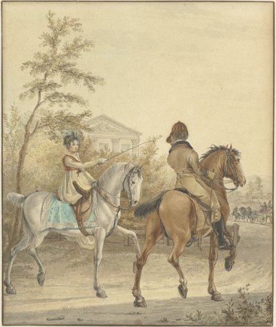 Uomo e donna a cavallo su una strada di campagna da Johannes Vinkeles