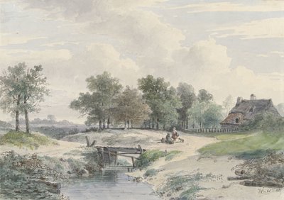 Paesaggio con ponticello e figure davanti a una fattoria da Johannes Warnardus Bilders