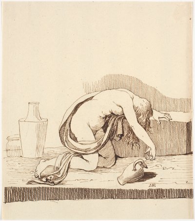 Donna nuda piegata in avanti (ubriaca) con brocca di vino vuota da Johannes Wiedewelt