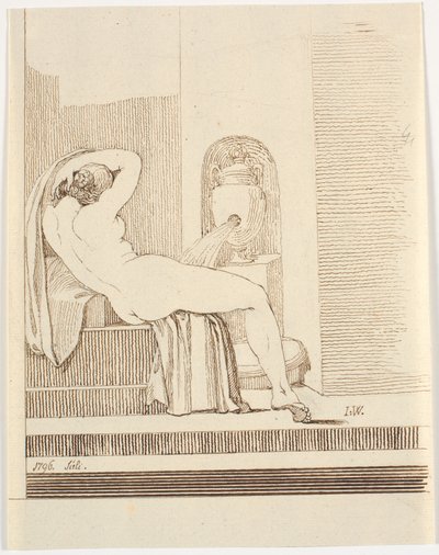 Nuda donna con drappo vista da dietro, davanti a una fontana da Johannes Wiedewelt