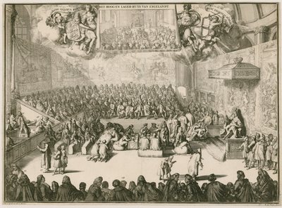 Una sessione alla Camera dei Comuni con Giorgio II sul trono da Johannes and Mortier, Cornelis Covens