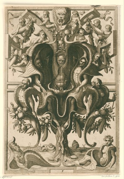 Ornamento a forma di conchiglia con figure intrappolate da Johannes of Lucas van Doetechum