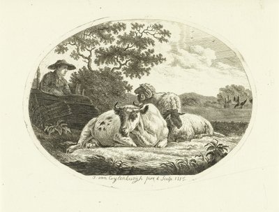 Mucca, pecora e ariete in un prato e contadino appoggiato a una recinzione da Johannes van Cuylenburgh