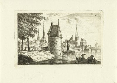 Veduta della città con torre sul fiume da Johannes van Cuylenburgh