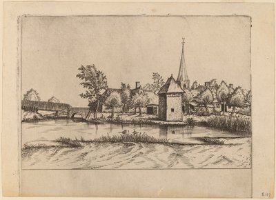 Villaggio di campagna con chiesa e ponte da Johannes van Doetechum, the Elder and Lucas
