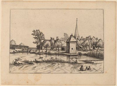 Villaggio di campagna con chiesa e ponte da Johannes van Doetechum, the Elder and Lucas